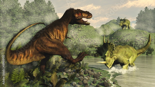 Foto-Schiebegardine mit Schienensystem - Tyrannosaurus rex fighting against styracosaurus dinosaur - 3D (von Elenarts)