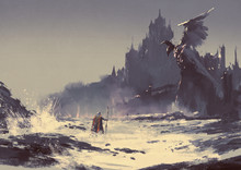 Illustration Painting Of King Walking Through Sea Beach Next To Fantasy Castle In Background