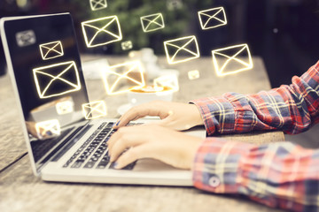 Poster - Email concept with laptop ang girl hands