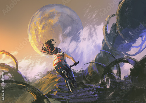 Plakat na zamówienie illustration painting of cyclist riding a mountain bike climbing on the rocky peak