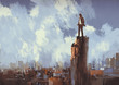 © grandfailure - illustration painting of businessman stands on the peak looking at city