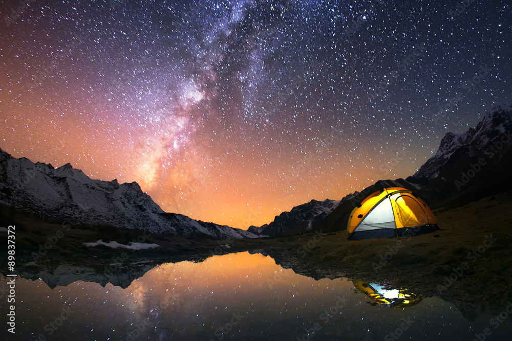 5 Billion Star Hotel. Camping in the mountains under the starry night sky.  - obrazy, fototapety, plakaty 