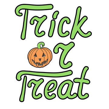Cartoon pumpkin and words trick or treat isolated on white backg