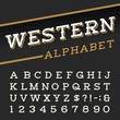 Western style retro alphabet vector font. Serif type letters, numbers and symbols on a dark background. Vintage vector typography for labels, headlines, posters etc.