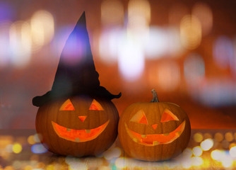 Wall Mural - close up of carved halloween pumpkins on table