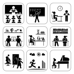 Pictogram icon set. School days. Children in school attending classes.  Doing maths, chemistry, art, playing piano, learning, doing sports. 