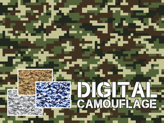 Four different colors digital camouflage military pattern for background, clothing, textile garment, wallpaper || Very easy to use, just click the camouflage pattern in color swatch