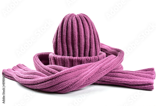 Fotografie, Obraz Purple Woolly Hat and Scarf ona White Background