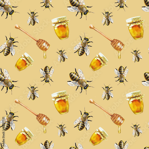 Cotton fabric Watercolor bee pattern