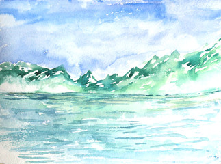  Watercolor landscape illustration with mountains and sea for cards, invitations, banners.