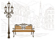line drawing of Paris, a bench and a lantern