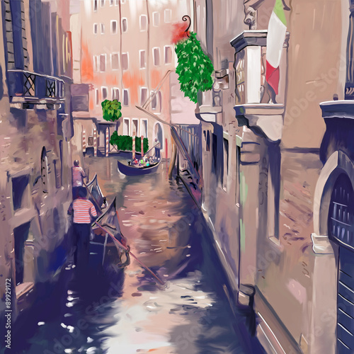 Fototapeta na wymiar Venice canal with gondolas and gondoliers. Original digital painting artwork of beautiful Italian architecture. Old european city, cozy street. Colored poster