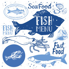  Vector illustration on white background with sketch seafood. 