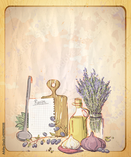 Naklejka na szybę Vintage style paper backdrop with empty place for text and illustration of provence still life.