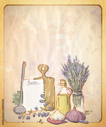 Naklejka - mata magnetyczna na lodówkę Vintage style paper backdrop with empty place for text and illustration of provence still life.