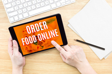 Poster - Finger click screen with Order food online word with keyboard on