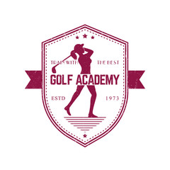 Wall Mural - Golf Academy vintage emblem with female golf player swinging golf club, grunge textured, vector illustration, eps10, easy to edit