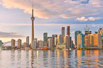 The reflection of Toronto skyline at dusk in Ontario, Canada.