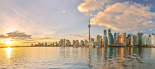 Panorama Of Toronto Skyline At Sunset In Ontario, Canada.