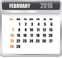 Monthly Calendar For February 2016 On Metallic Plate