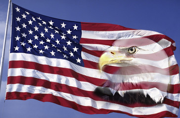 Wall Mural - This is an American flag waving in the wind against a blue sky.  An American bald eagle is digitally composited into the right side of the flag into the red and white stripes. This is a digitally created image.