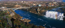 This Is An Aerial View Of The American Falls And Rainbow Bridge. It Is The View From Skylon Tower In Canada.