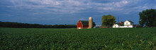 This Is A Farm With A Silo And Barn. Directly Behind It Sits A White Farmhouse. It Sits In The Middle Of A Green Farm Field.