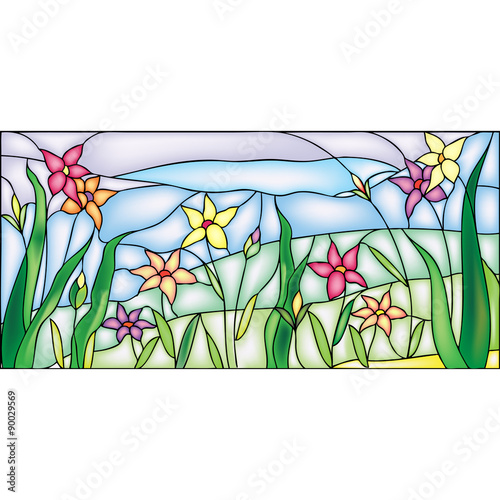 Fototapeta na wymiar Multicolor flowers with buds, stained-glass window