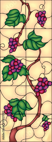 Naklejka - mata magnetyczna na lodówkę Beautiful grape with leaves, decor idea, vector illustration in stained glass style