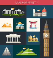 Wall Mural - Set of flat design famous world landmarks icons