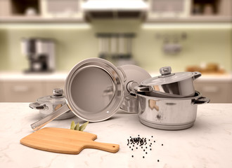 3d illustration of  pans on the table with a blurred background