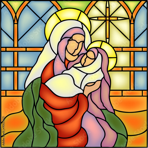 Plakat na zamówienie Mother Mary with Jesus Christ in stained glass window style, vector