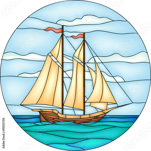 Nowoczesny obraz na płótnie Vector illustration of sailing ship in round stained-glass window frame