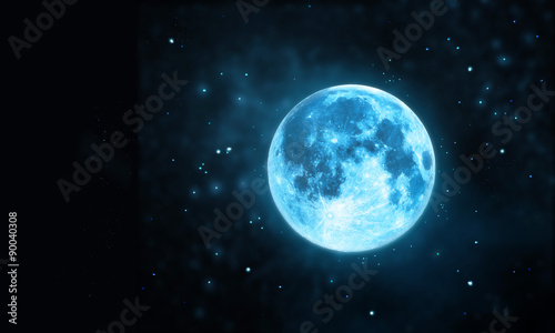 Cuadros en Lienzo White full moon atmosphere with star at dark night sky background