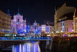 Fototapeta  - Decorated Ljubljana for New Years holidays, panorama
Panorama of St. Francis church and Preseren square, decorated for Christmas and New Years holidays, Ljubljana, Slovenia