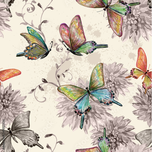 Obraz w ramie vintage seamless texture with of flying butterflies. watercolor