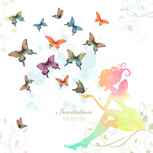 Greeting Card With Fairy With Butterflies. Watercolor Painting.
