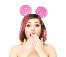 Beautiful Surprised Woman In Mickey Mouse Ears.