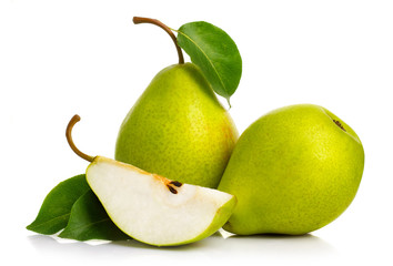 Wall Mural - Ripe green pears isolated with leaves isolated