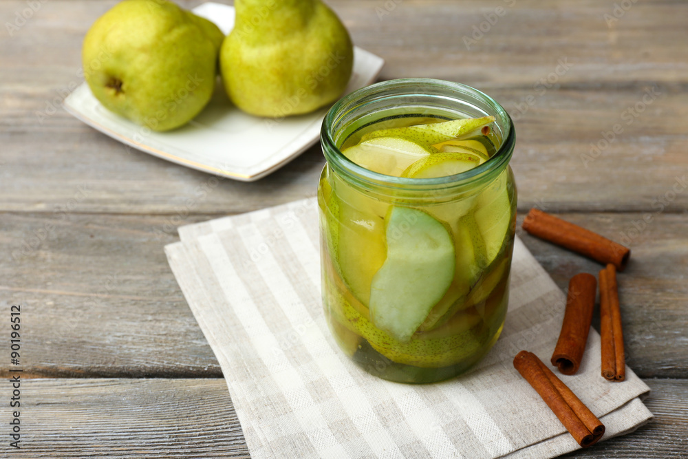 Pear juice with fresh fruits on table close up
