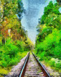 Railway among green summer forest oil painting