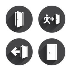 Poster - Doors signs. Emergency exit with arrow symbol.