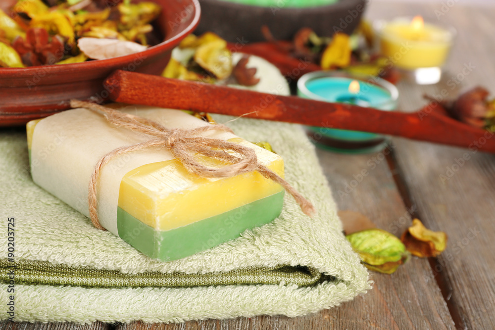 Beautiful spa composition with dry flowers on table close up