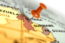 Location Guyana. Red Pin On The Map.