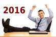 © petrdlouhy - Happy new 2016 year with cheerful young businessman with hands up.