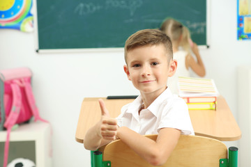 Wall Mural - Portrait of happy pupil at lesson