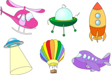  Set of air transport: balloon, aircraft, helicopter, rocket, fly