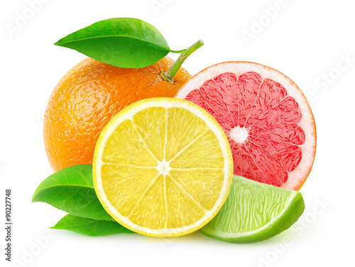 Fotomural Fresh citrus fruits isolated on white, with clipping path