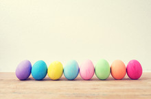 Vintage Colorful Easter Eggs On Wood Table Empty Background