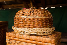 Wicker Empty Wooden Fruit Or Bread Basket. Beautiful Crafts Of